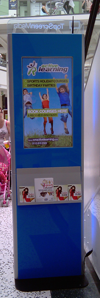 This 2 metre tall kiosk, comes with lower interactive 19'' display and a second, higher passive 19'' display for advertising purposes. At the rear of the unit a large passive of interactive third screen could replace the static advertisment area.